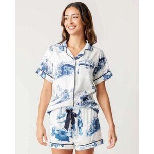 Katie Kime Womens Après Ski Toile Pajama Shorts Set Piping Detail Navy Medium